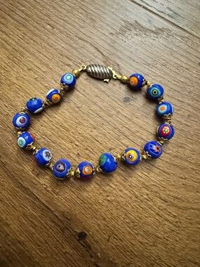 Handcrafted Blue Millefiori Glass Bead Bracelet - Unbranded
